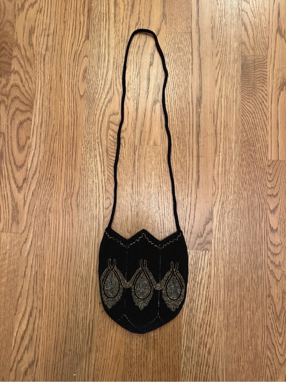 Vintage Genie Beaded Black Crossbody Bag with Gold Sequin Accents